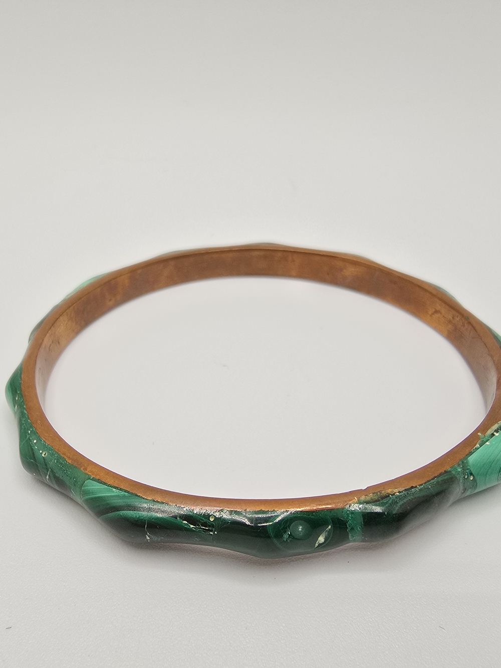 VTG Malachite Copper Bangle Bracelet Green Stone Inlay 8.25" 1970s - Picture 5 of 13